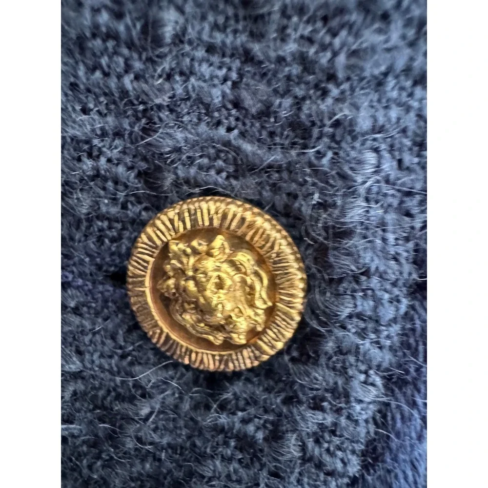 Chanel Vintage Navy Blue Wool Boucle Skirt Suit Lion Head Buttons FR 38 US